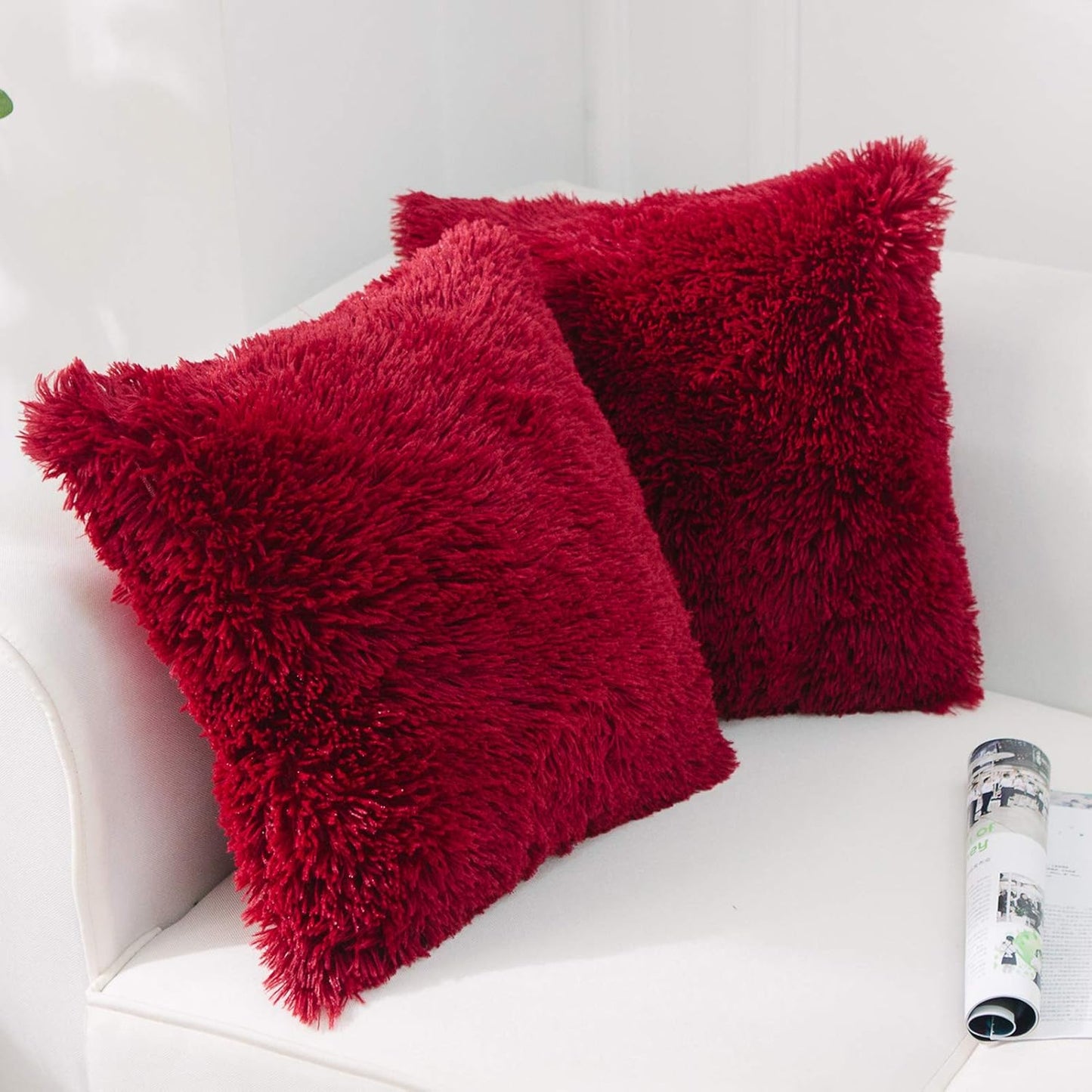 Luxury Soft Faux Fur Fleece Cushion Cover Pillowcase, 20" X 20" Inch, Wine Red, 2 Pack