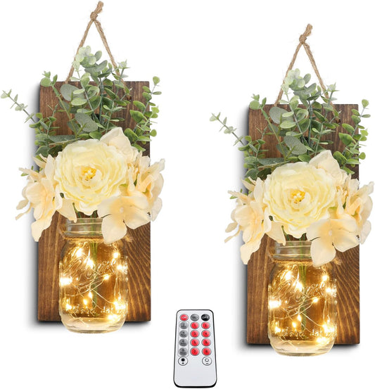 Rustic Wall Decor, Mason Jars Wall Sconces with Remote LED Lights, Hanging Kitchen Bathroom Bedroom Decor (Set of 2) - Dark Brown