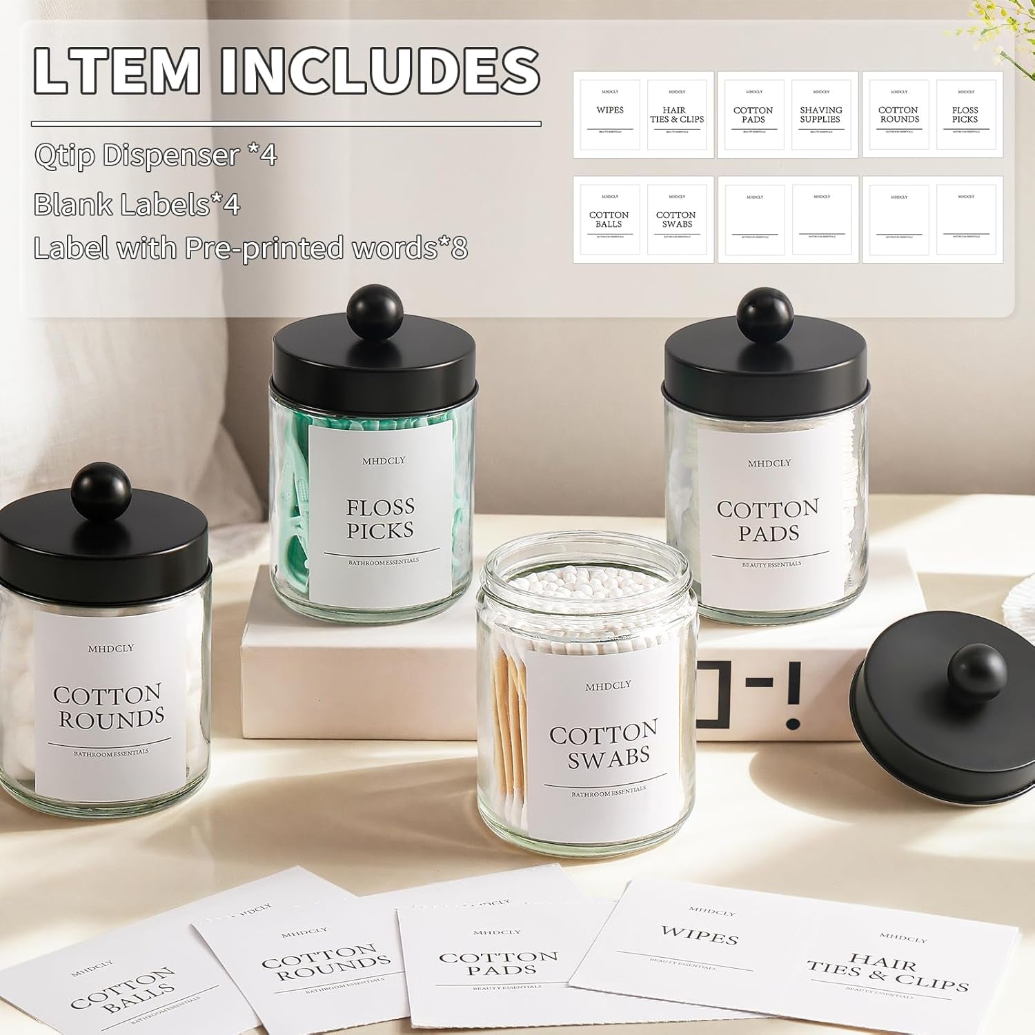 Bathroom Organizers and Storage,4 Pack Bathroom Accessories, (Black Lids)