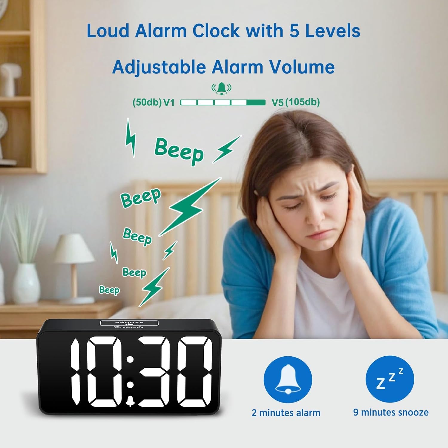 Small Digital Alarm Clocks for Bedrooms - RGB Electric Alarm Clock for Kids Bedside Nightstand, Desk Clock with Large Numbers, Dimmer, Adjustable Alarm Volume, USB Port, USB-C Adapter Powered