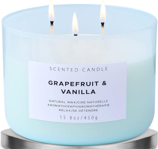 Grapefruit Vanilla Scented Candle | Natural Soy Large 3 Wick Candle for Home 15.8 Oz