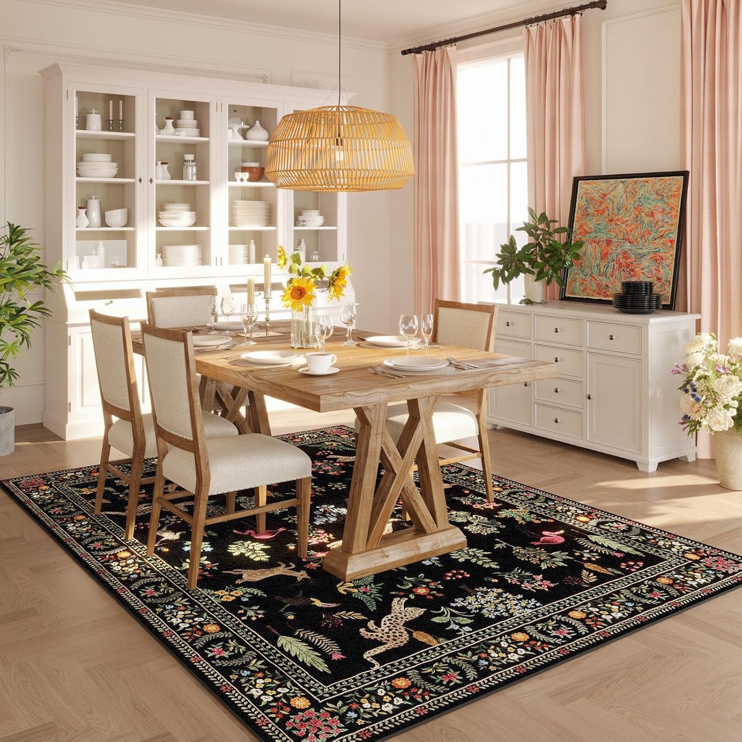 Living Room Rug 5X7 Rug Machine Washable Boho Area Rug Non-Slip Floral Animal Vintage (Black)