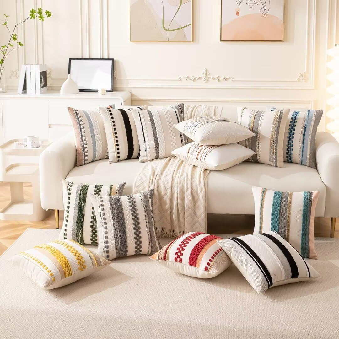 Boho Throw Pillow Covers 18X18 Set of 2 Decorative Cushion Case Striped Square Pillows Cover, Red