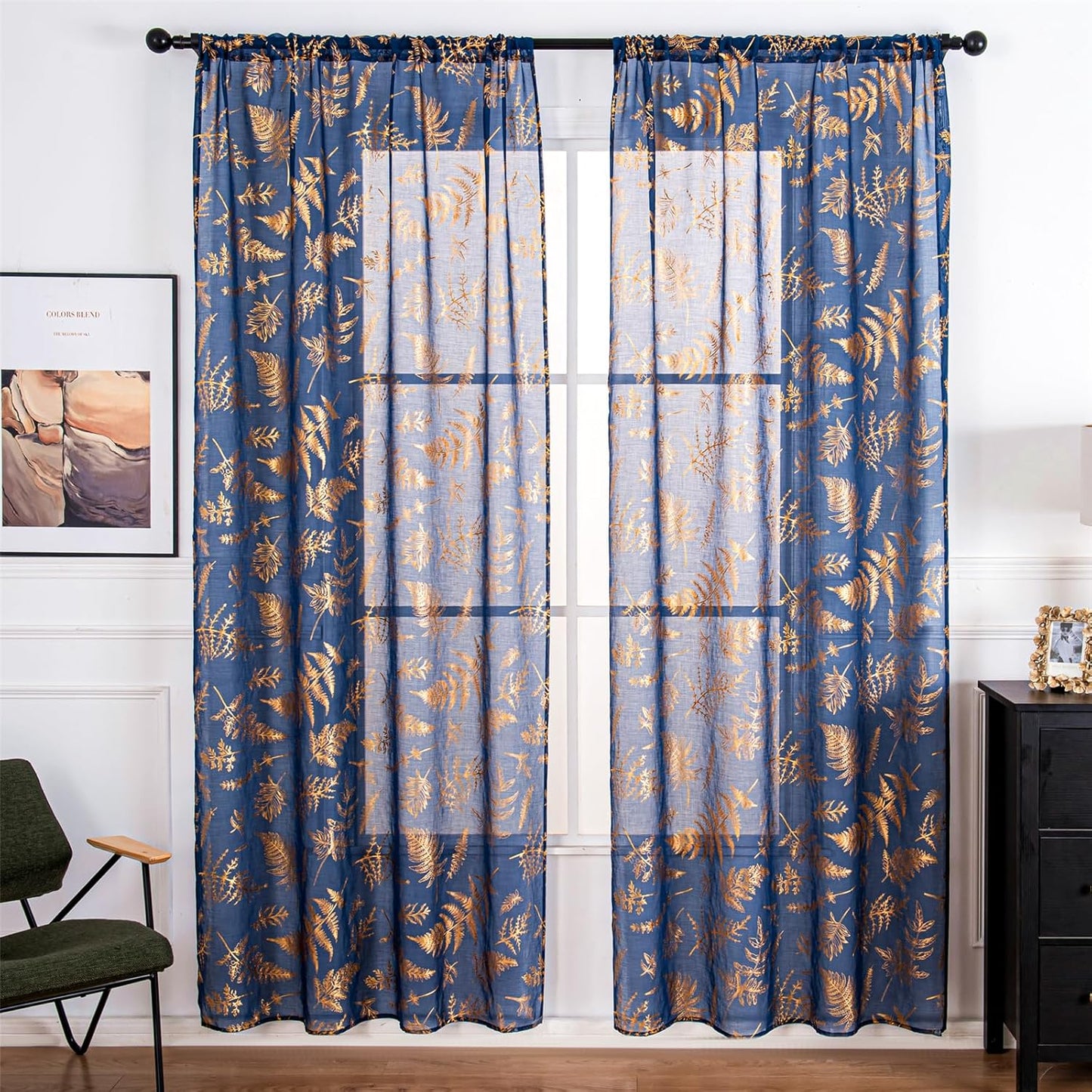 Sheer Curtains 2 Panels, Gold Foil Metallic Vine Leaves Print Window Treatments Pair, Privacy Drapes Rod Pocket 52" W X 84" L, Navy Blue