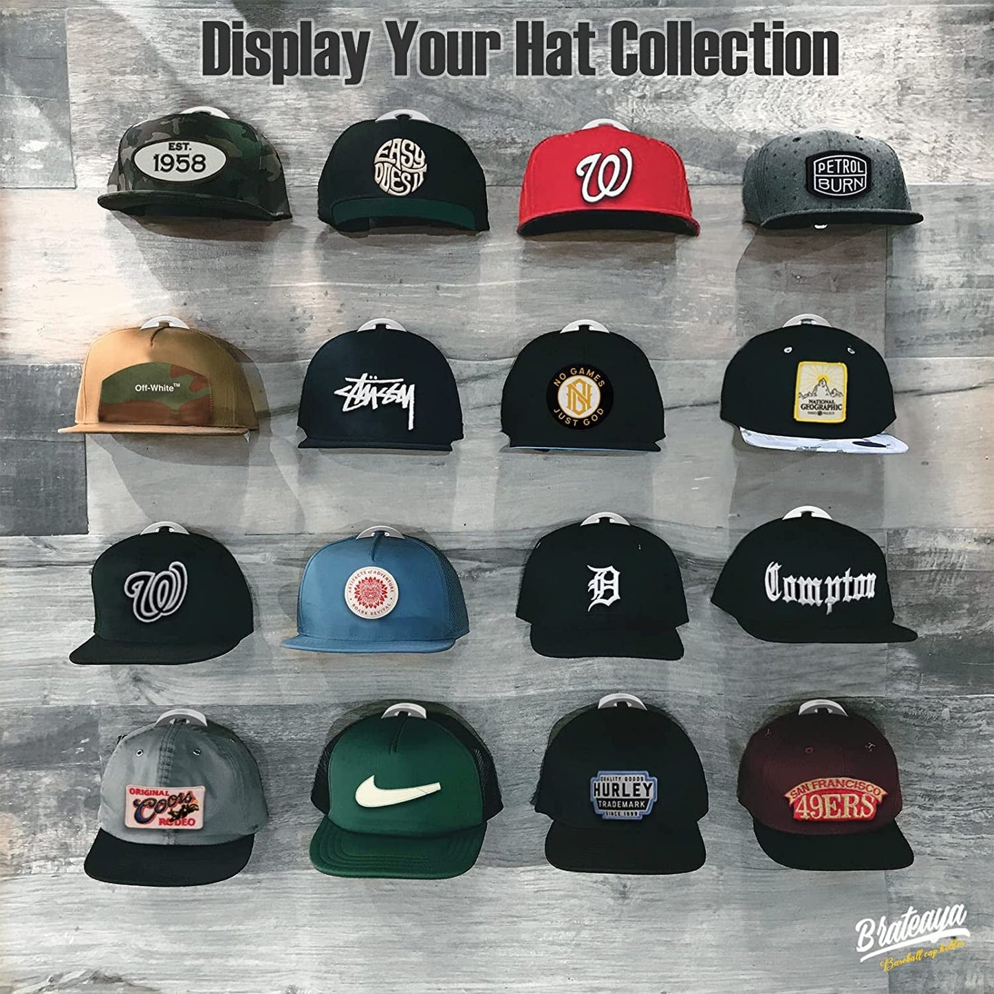Baseball Hat Holder for Wall, Adhesive Hat Racks for Baseball Caps, Super Strong Hat Display Hooks, No Drilling Hat Organizer Men Boys Bedroom Accessories, Clear, Pack of 10