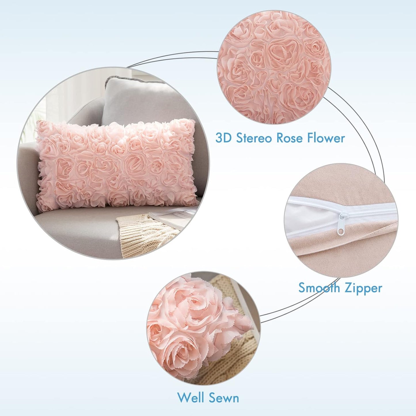 3D Decorative Romantic Rose Flower Throw Pillow Cover Solid 12X20 Inch Peach Pink