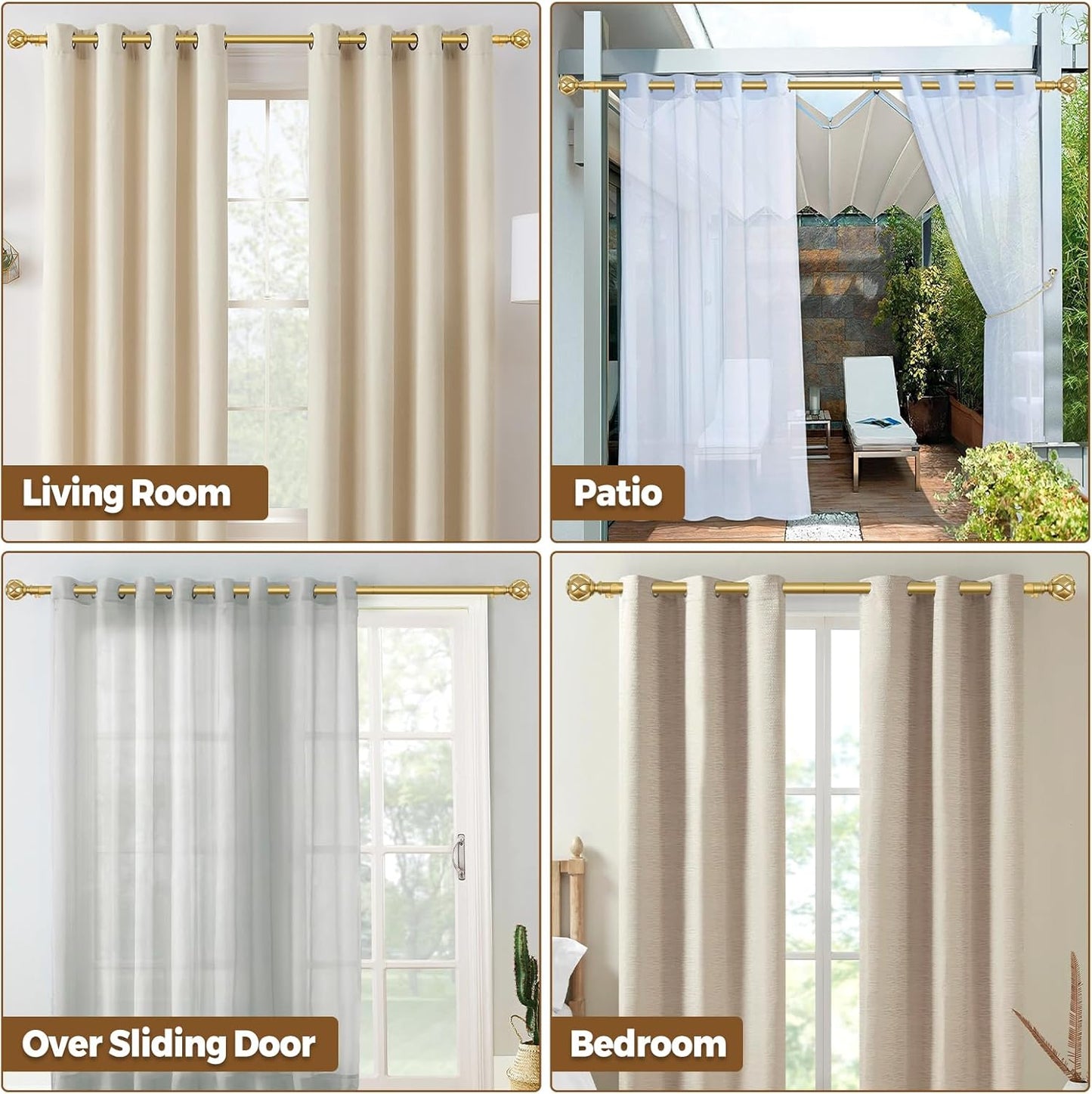 Gold Curtain Rod 32 to 58 Inch(2.6-4.8Ft), 7/8 Inch Single Adjustable Curtain Rods for Windows 28 to 48, Decorative Drapery Rods with Netted Texture Ends