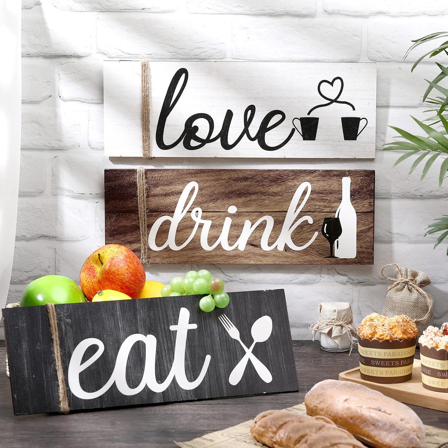 3 Pcs Farmhouse Kitchen Wall Decor Rustic Wooden Home Eat Drink Love Sign with Hanging Hole (Vivid Color)
