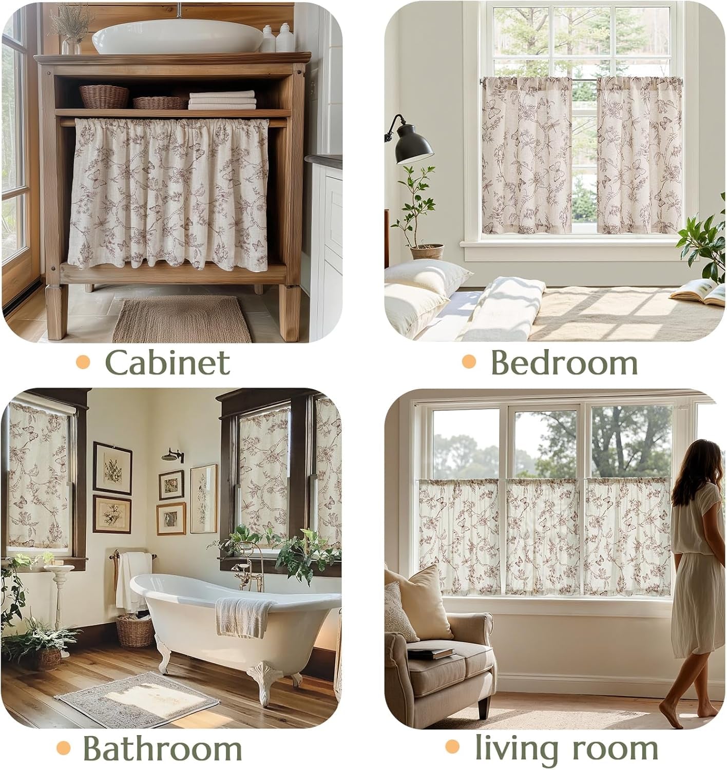 Floral Kitchen Curtains for Windows 36 Inch Farmhouse Country Linen Tier Curtains, Botanic Small Window Drapes, Rod Pocket Rustic 2 Panels Tan on Beige