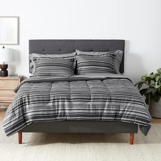 7-Piece Gray Calvin Stripe Bedding, Full/Queen Comforter Set with Sheets