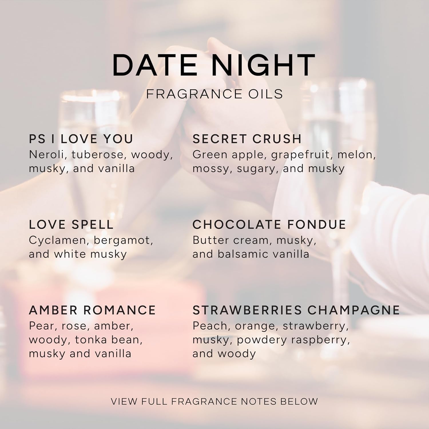 Date Night Set of 6 Premium Fragrance Oils - Includes PS I Love You, Amber Romance, Secret Crush, Chocolate Fondue, Strawberry Champagne, and Love Spell Scented Oils - 10ML