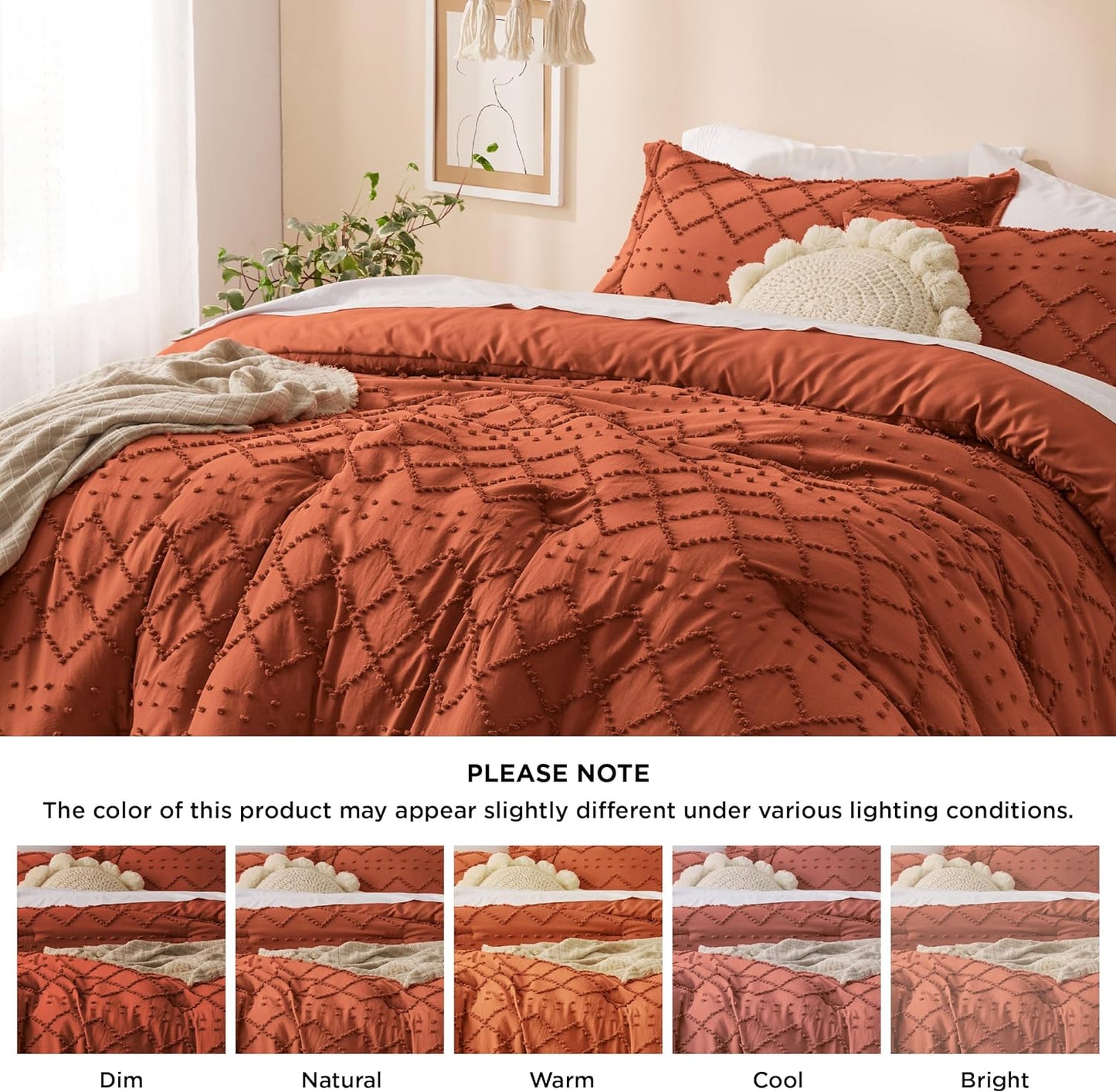 Terracotta Comforter Full Size, Boho Tufted Shabby Chic Bedding 3 Pieces