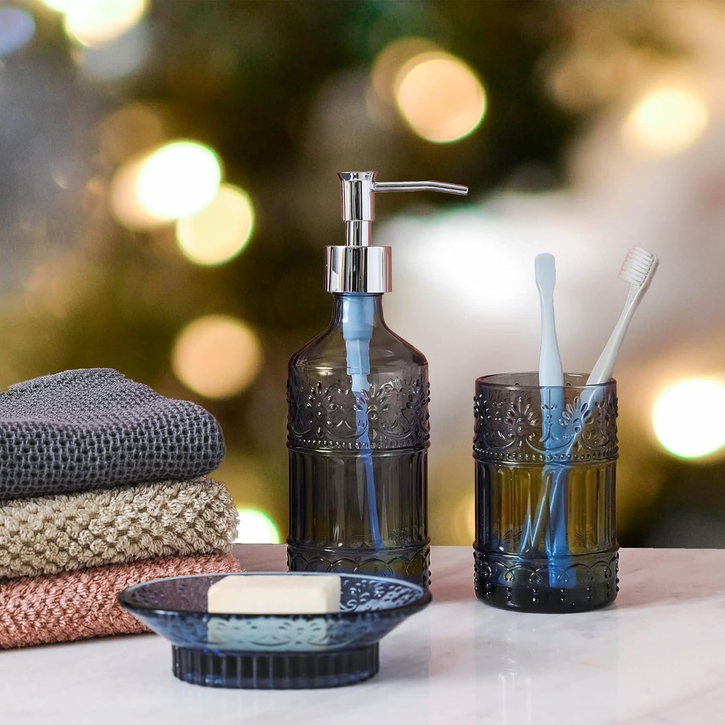 4-Piece Decorative Blue Glass Bathroom Decor Accessories Set