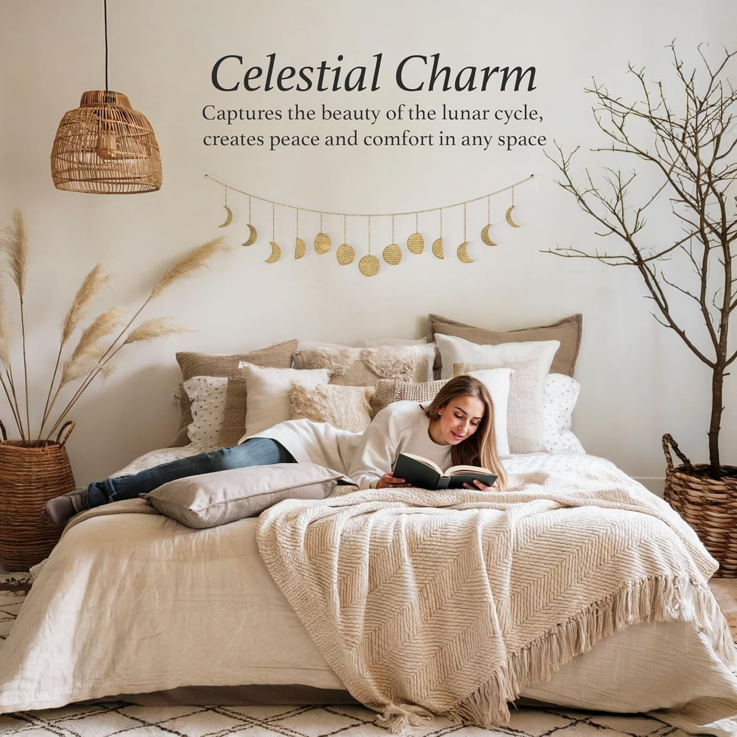 Moon Phase, Gold Wall Decor for Bedroom, Handmade Hammered Metal 36" 13 Phases Moon, Celestial Wall Art, Gift for Women & Kids