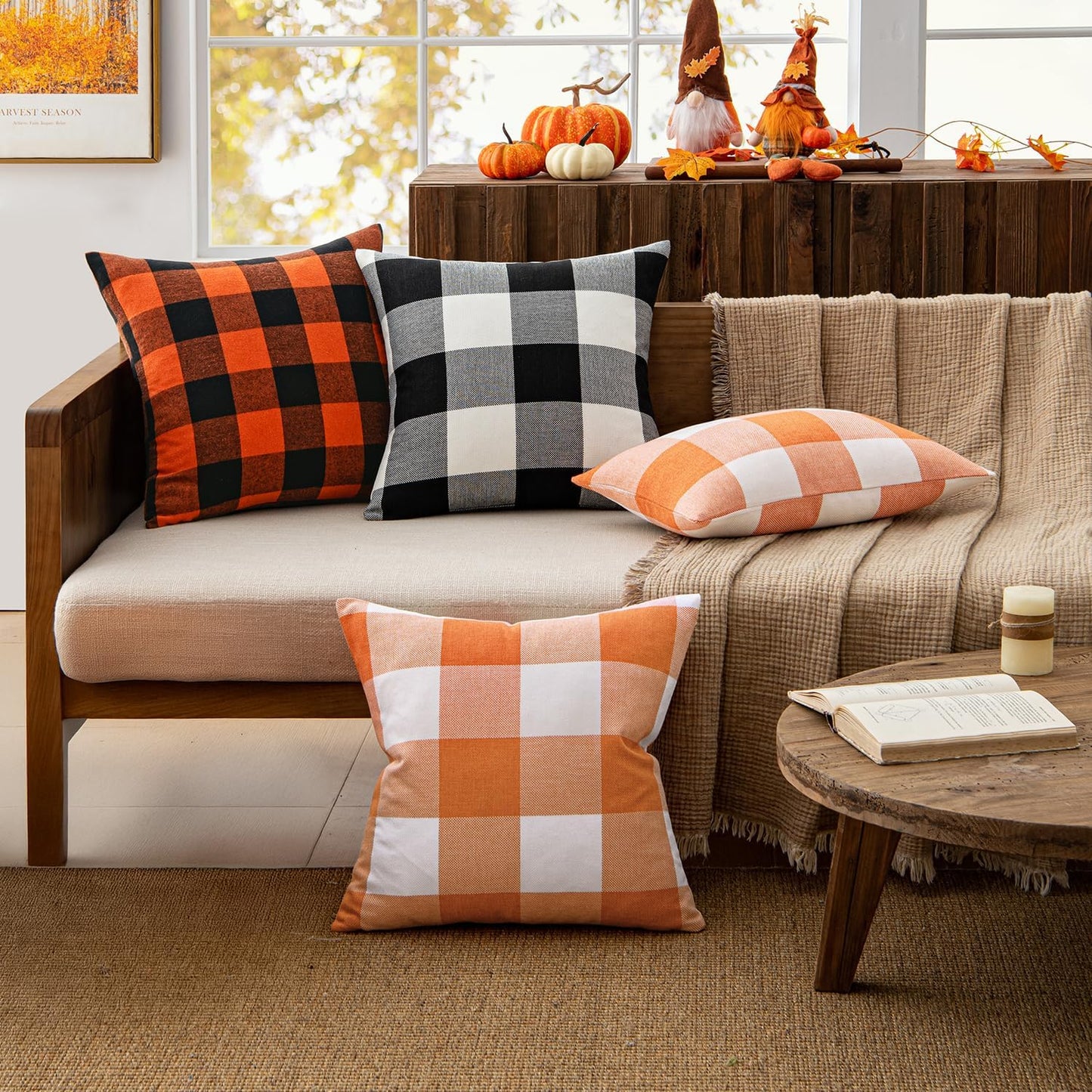 Pack of 2 Fall Throw Pillow Covers Decorative Classic Farmhouse Orange and White 20 X 20 Inch