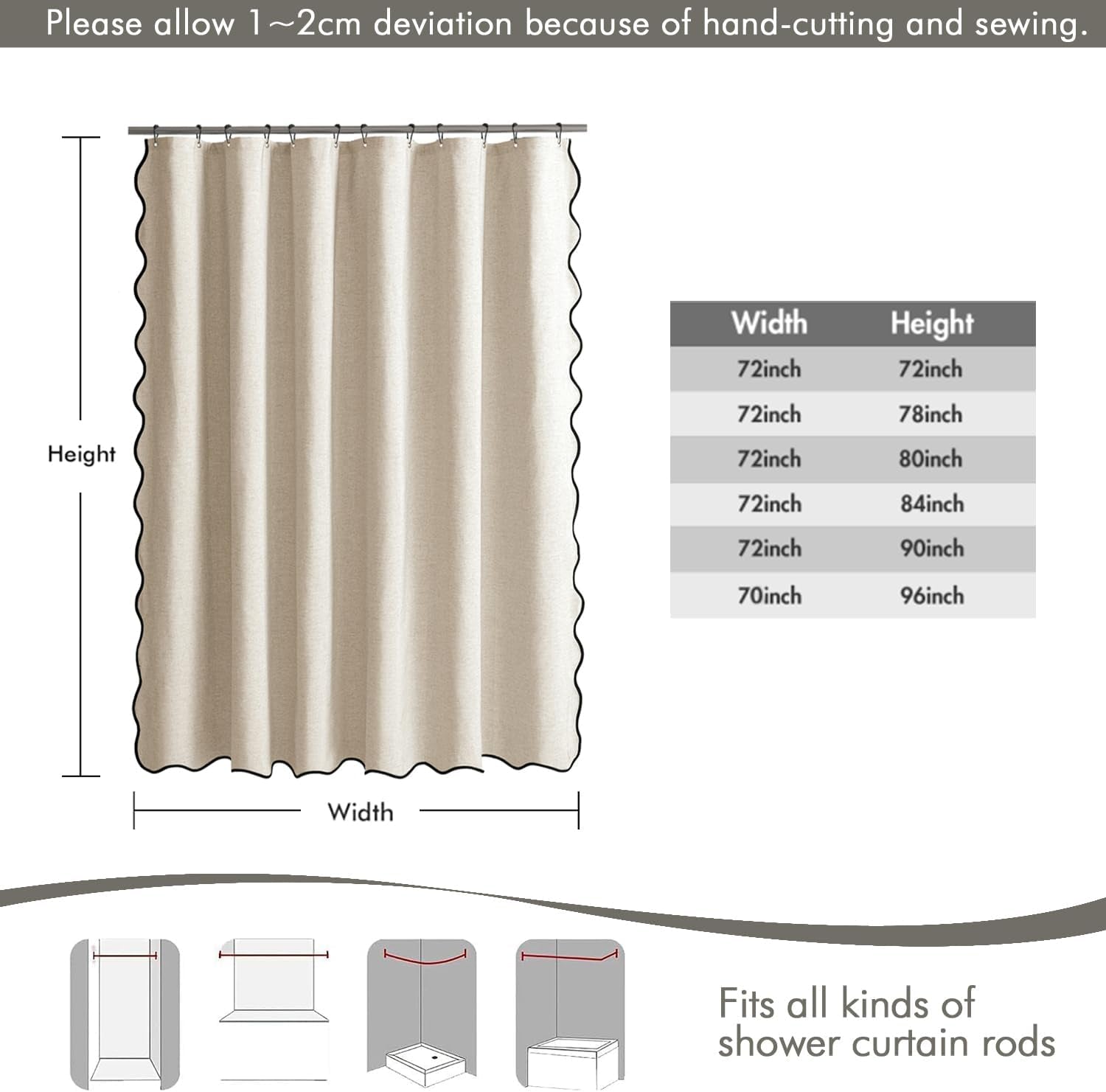 Beige Scalloped Shower Curtain Linen with 12 Metal Hooks Cute Heavy Duty Washable Waterproof, W 72*L 72 Cream
