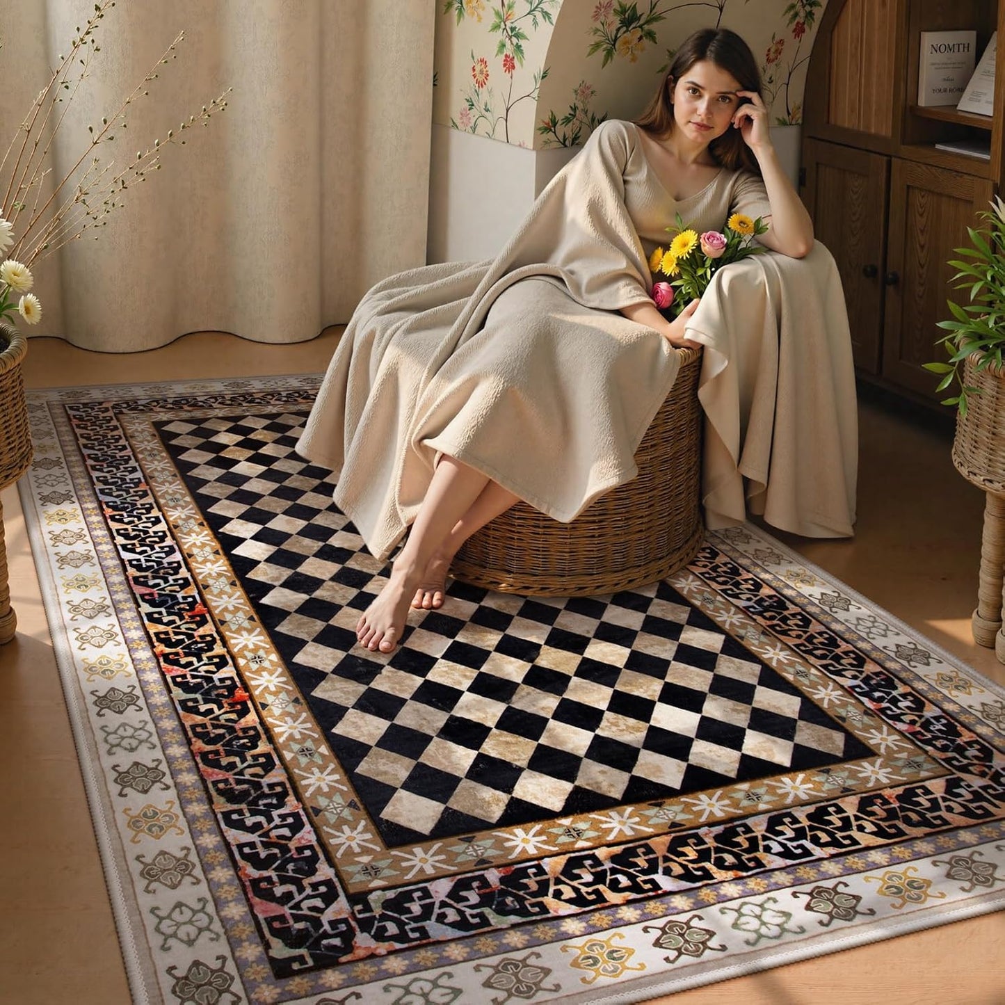 Washable Checkered 5X7 Area Rugs, Non-Slip Black and Brown (5X7)