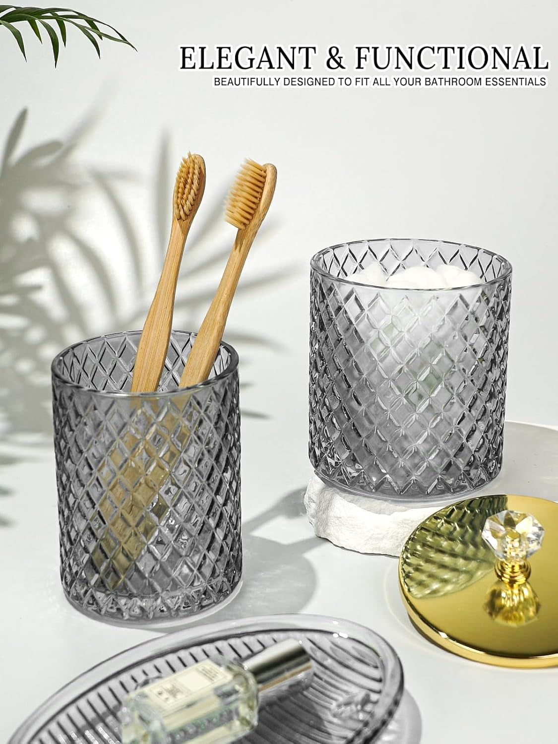 Gray Glass Bathroom Accessories Set, 4-Piece, Elegant Gold