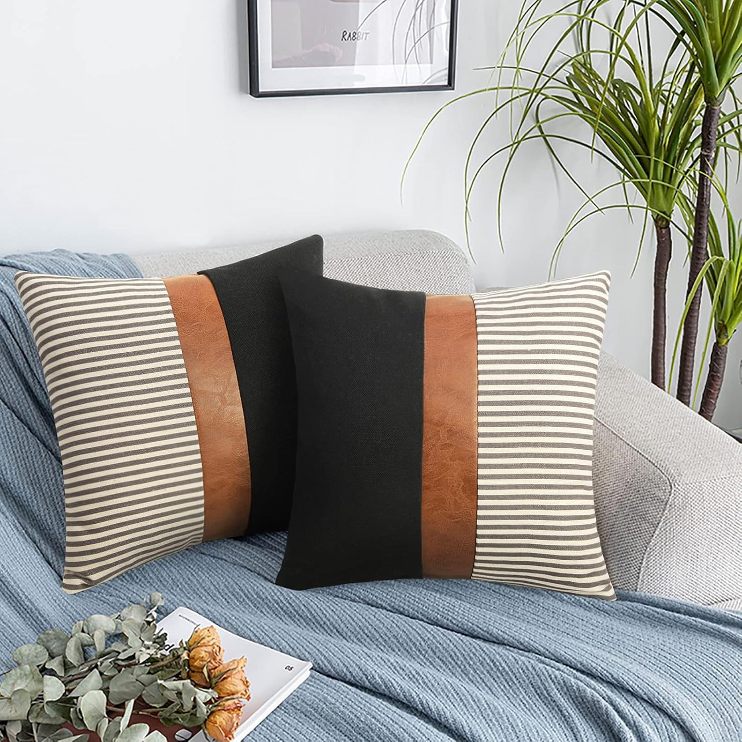 20X20 Pillow Covers Set of 2 Farmhouse Decor Stripe Patchwork Linen Modern Faux Leather, Gray