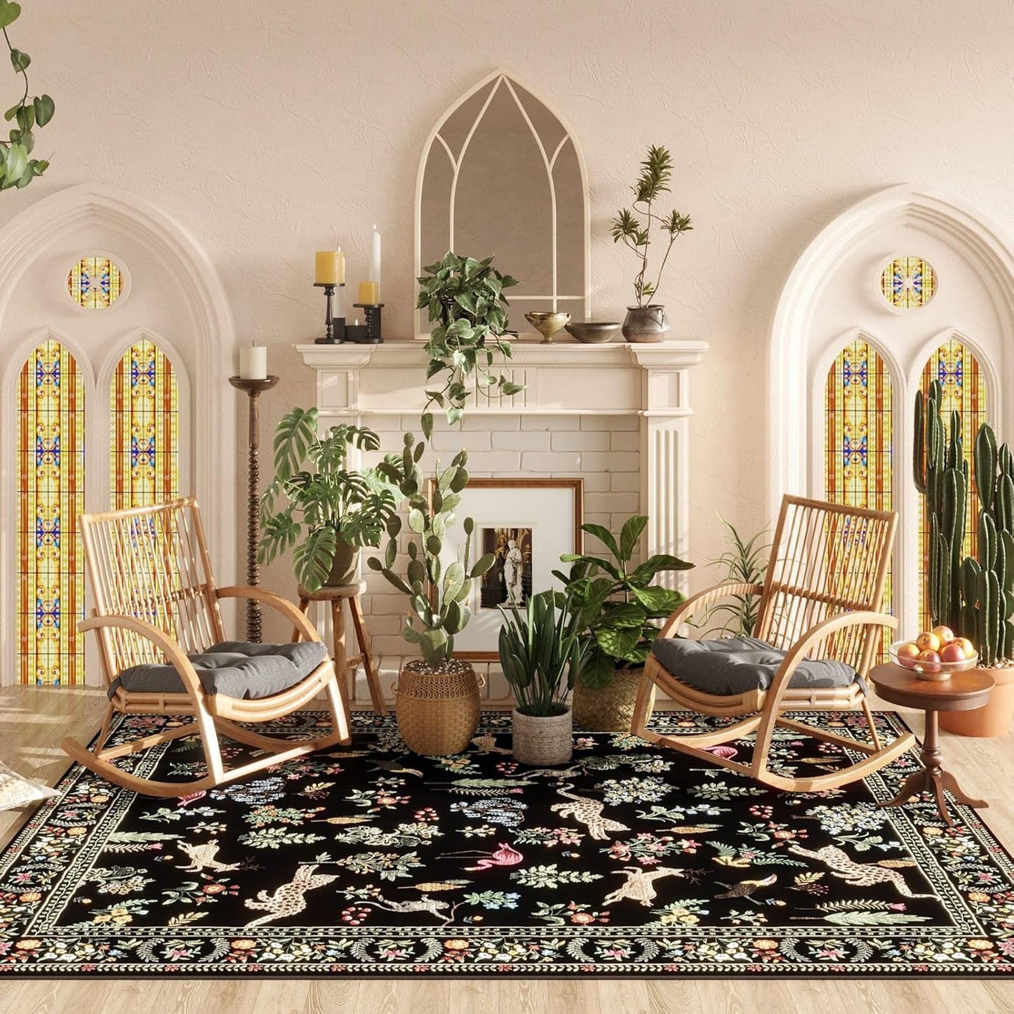 Living Room Rug 5X7 Rug Machine Washable Boho Area Rug Non-Slip Floral Animal Vintage (Black)