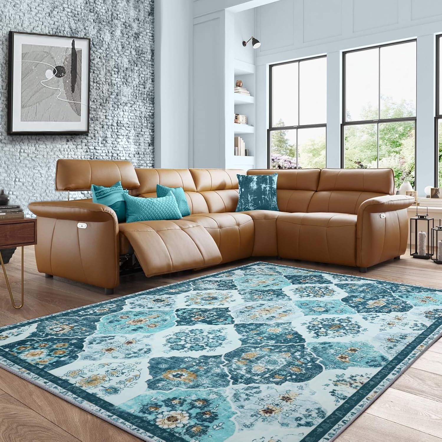 Area Rug, 5X7 Washable Boho Throw Rugs, Moroccan Trellis Bohemian Turquoise Ultra Soft- Teal/Multi