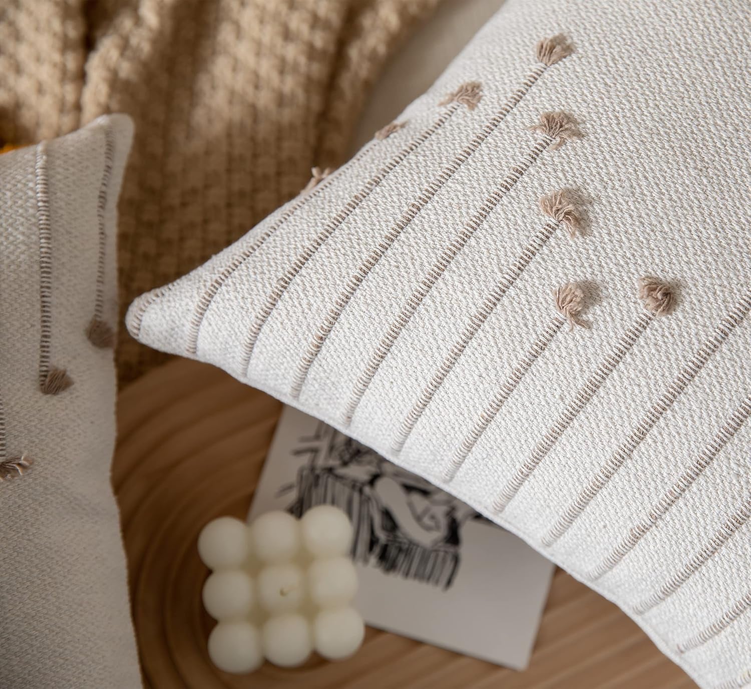 Boho Throw Pillow Covers 12X20 Set of 2 Decorative Pillows. Beige with Tan Line