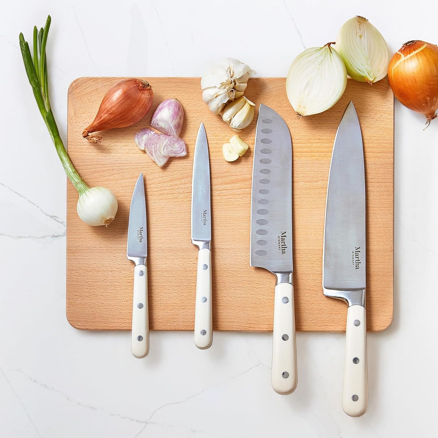 Eastwalk 14 Piece High Carbon Stainless Steel Cutlery Kitchen Knife Block Set W/Abs Triple Riveted Forged Handle Acacia Wood Block - Linen White
