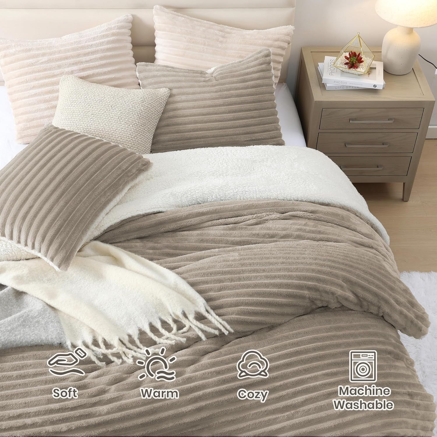 Twin Sherpa Comforter Set with 1 Pillow Sham, Reversible 2-Piece Bed Set (Taupe, 66'' X 86'')