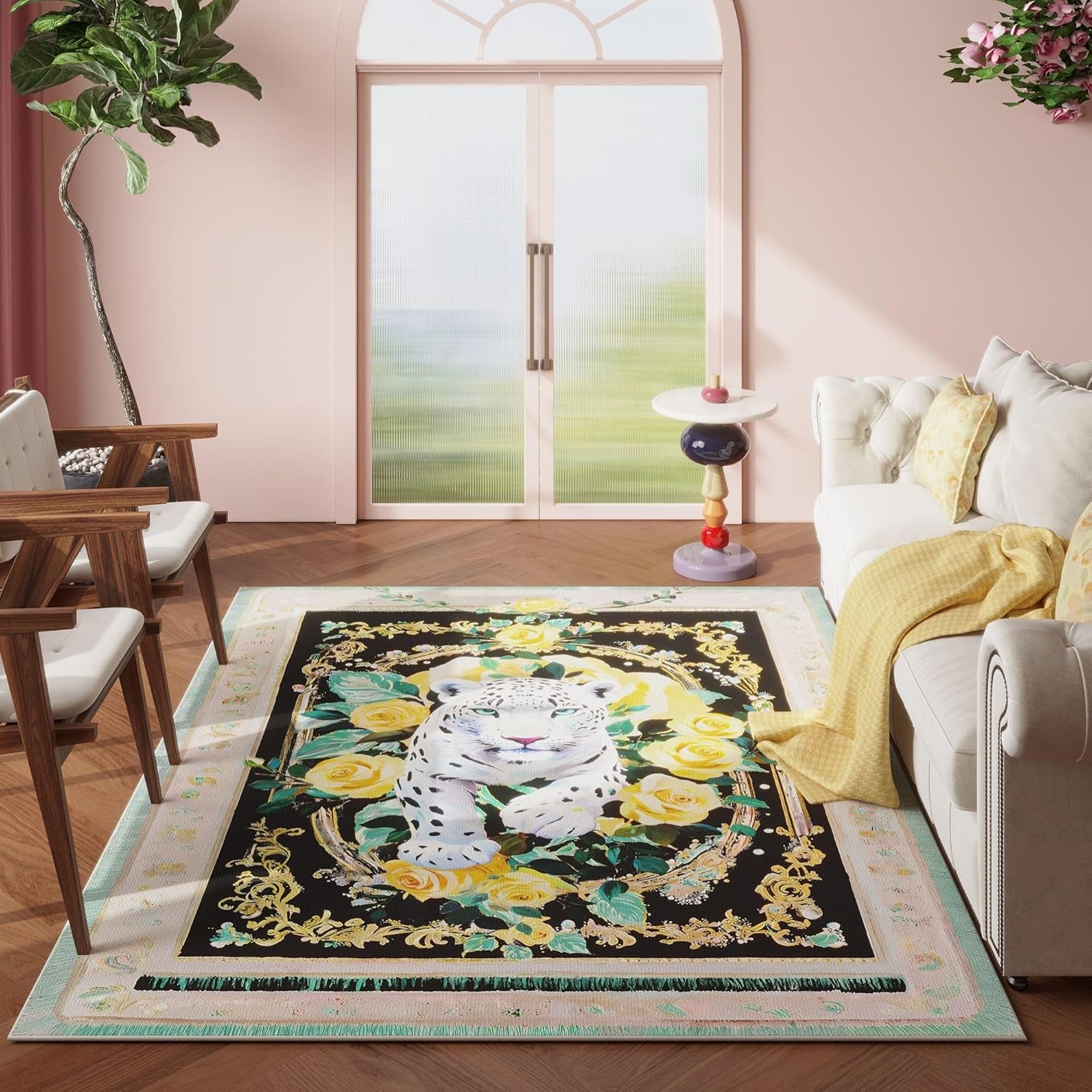 Living Room Rug 5X7 Rug Machine Washable Retro Lavish Leopard Area Rug