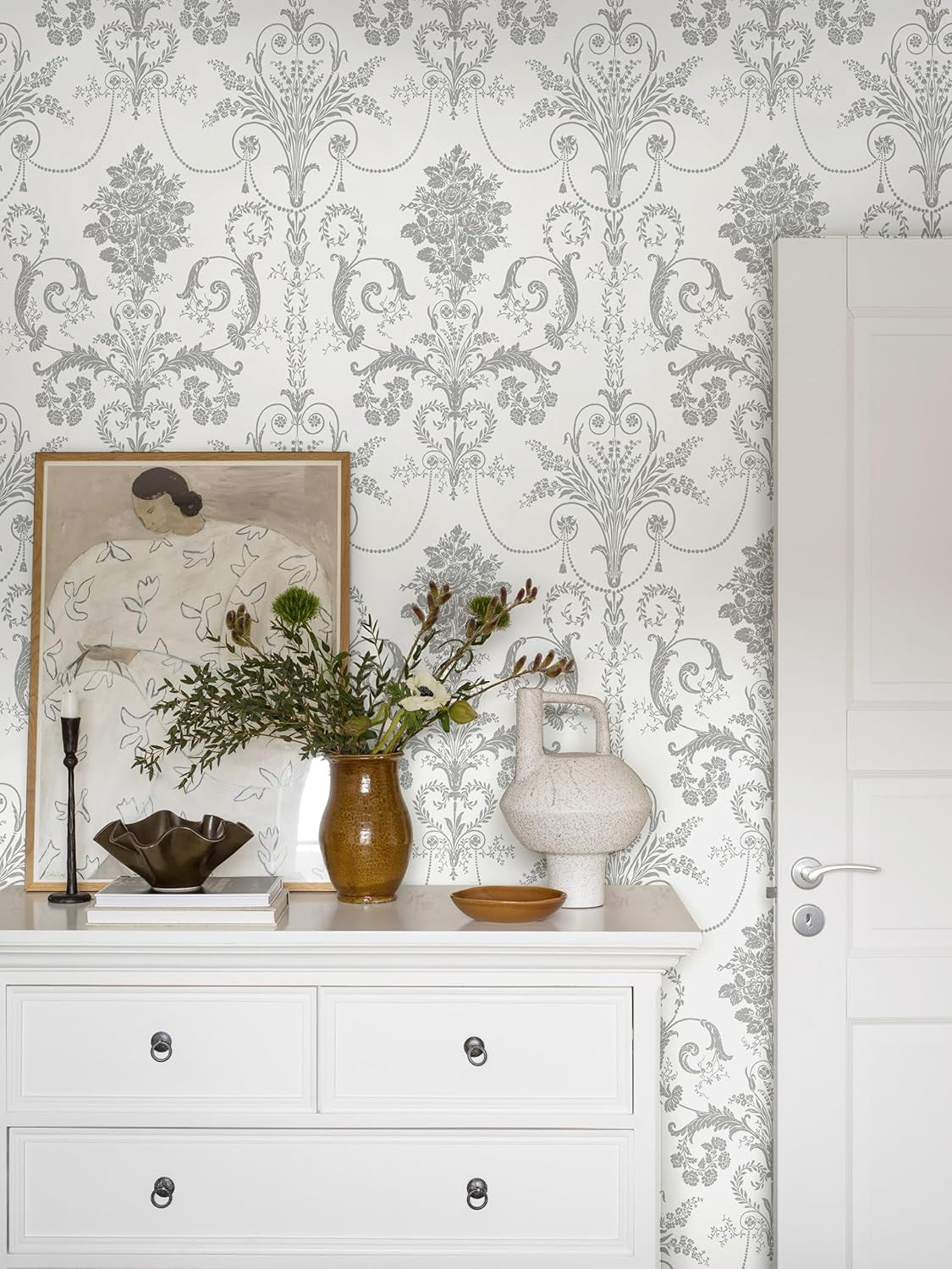 Silver Gray Damascus Wallpaper Floral Damask Peel and Stick Wallpaper Boho Grey Flower Contact Paper Removable 17.3" X 197"