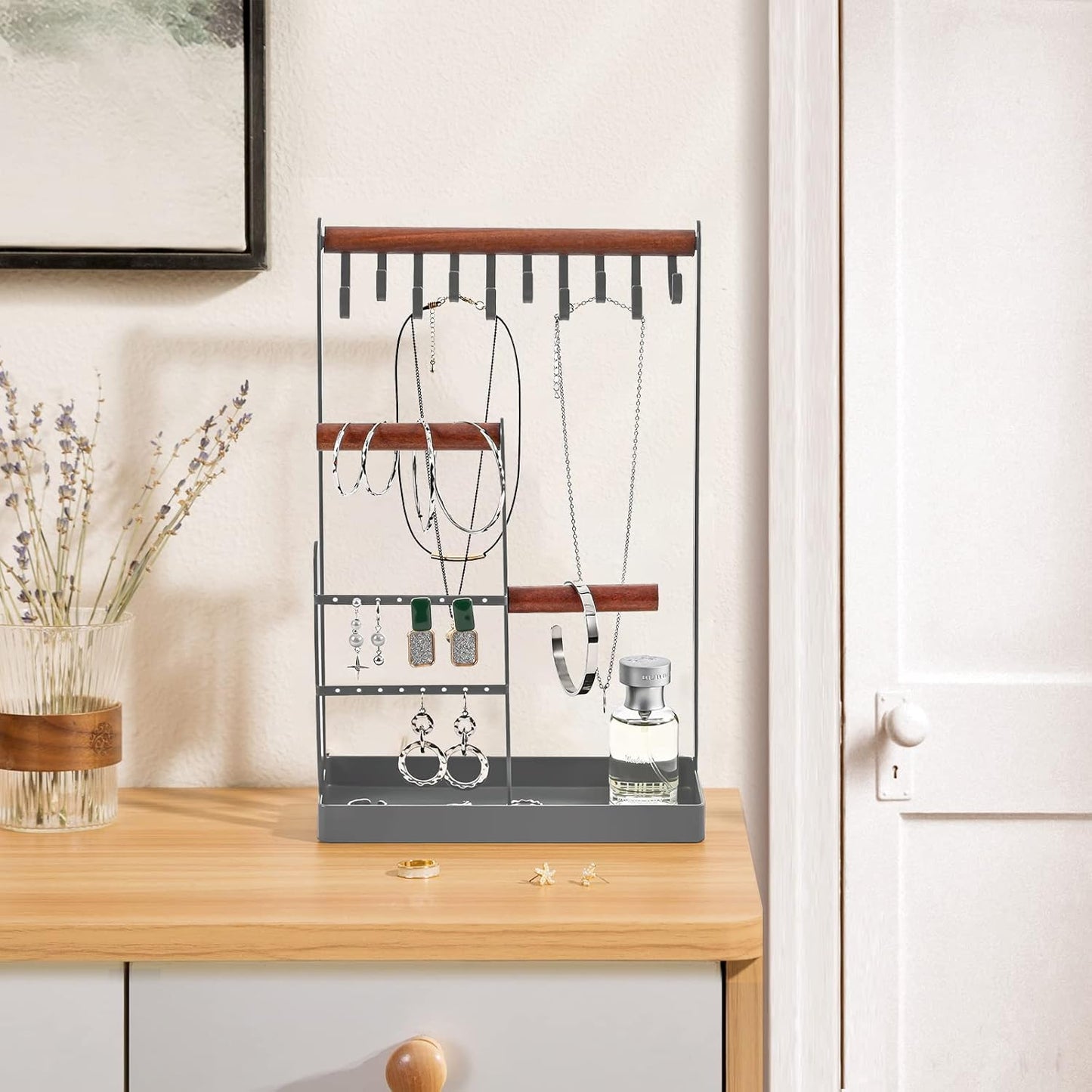Jewelry Stand Holder Organizer, 4-Tier Necklace Holder with Ring Tray, -Medium, Grey