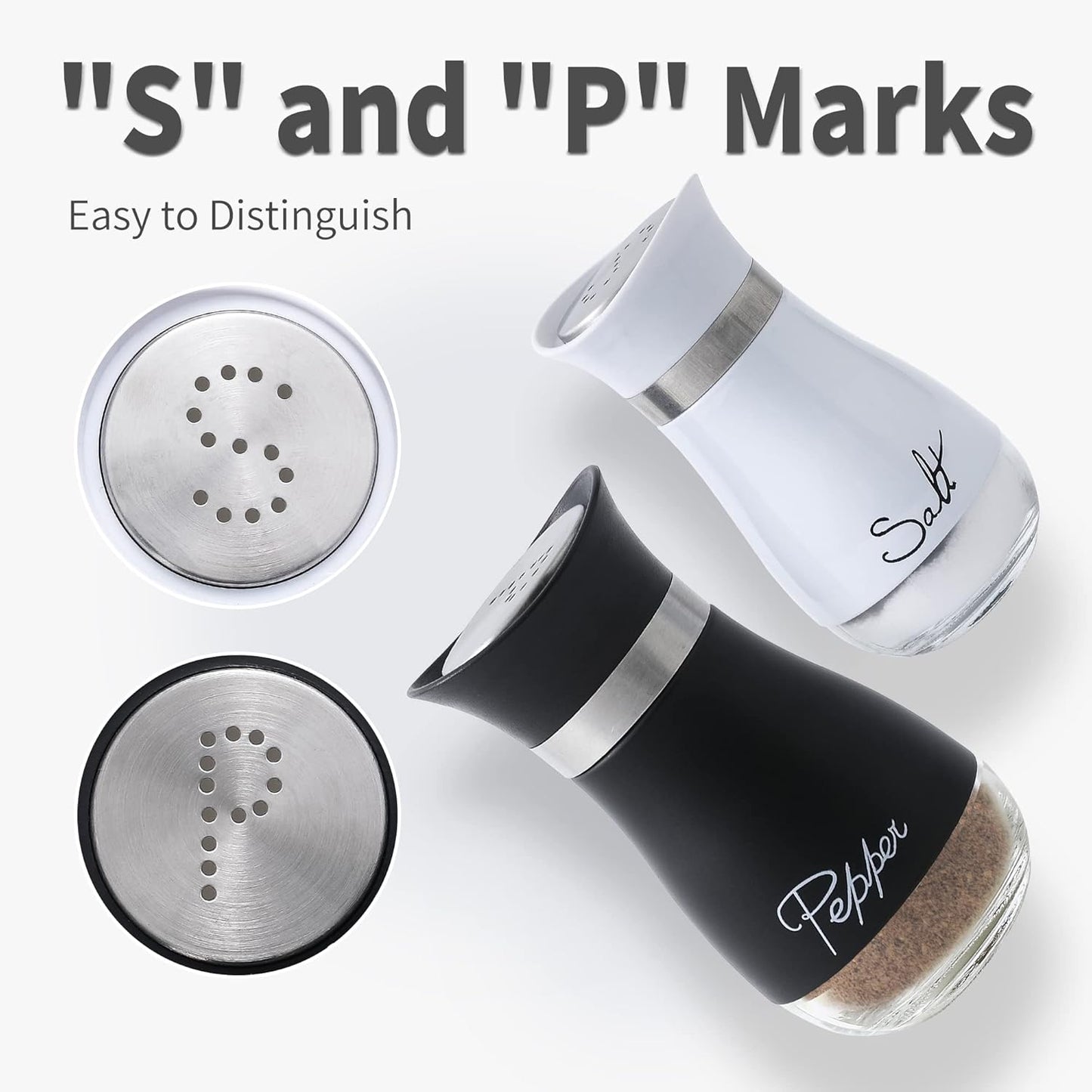 Salt and Pepper Shakers Set - Salt Containers for Kitchen Decor, 4 Oz Glass Bottom, Black and White, Set of 2