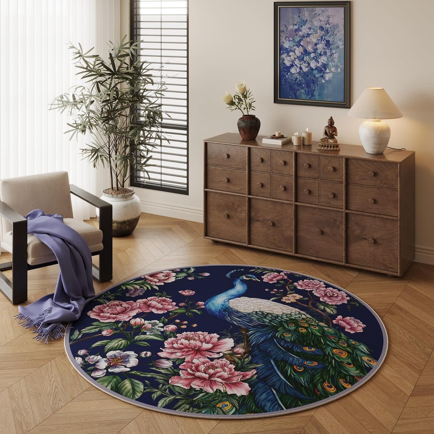 Round Rug 4Ft Washable Circle Rug Non-Slip, Floral Peacock (Cobalt Blue)