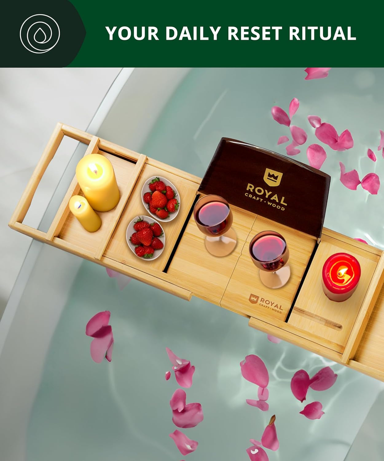 Premium Foldable Bathtub Tray - Wood Bath Tray for Tub, Bamboo Shelf