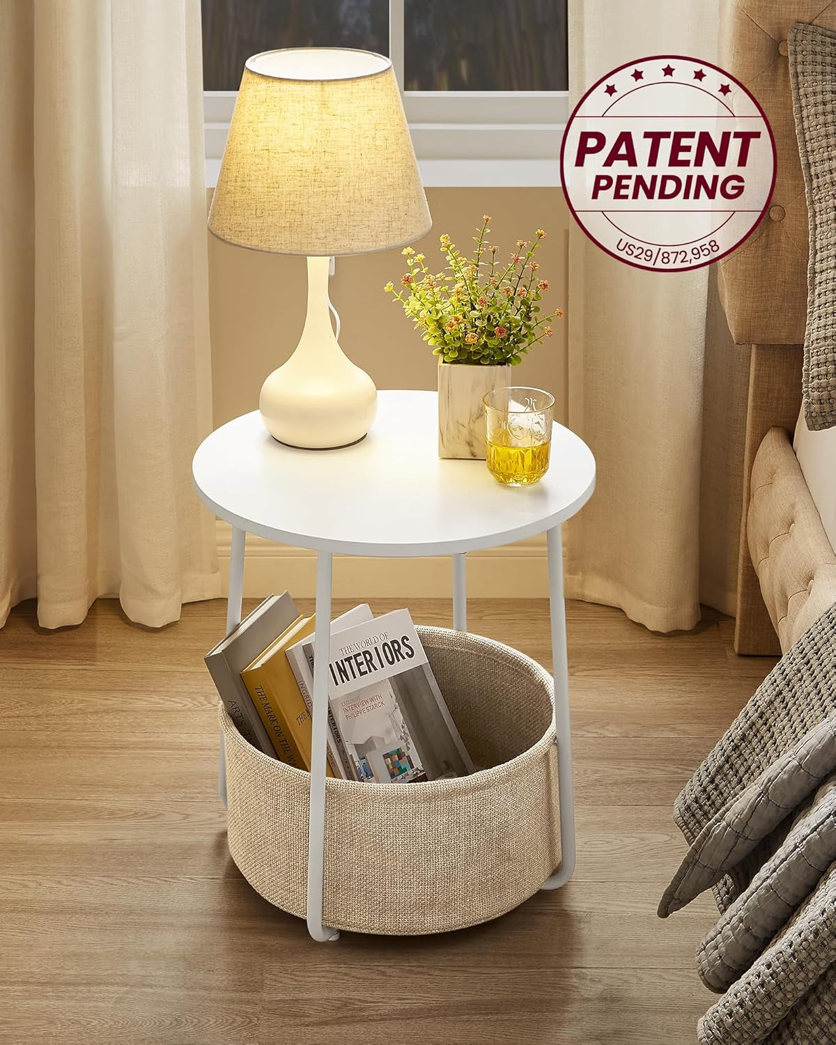 End Table, Small Bedside Table with Fabric Basket, Modern Nightstand, round Side Table, for Living Room, Bedroom, Matte White and Camel Brown ULET223W10