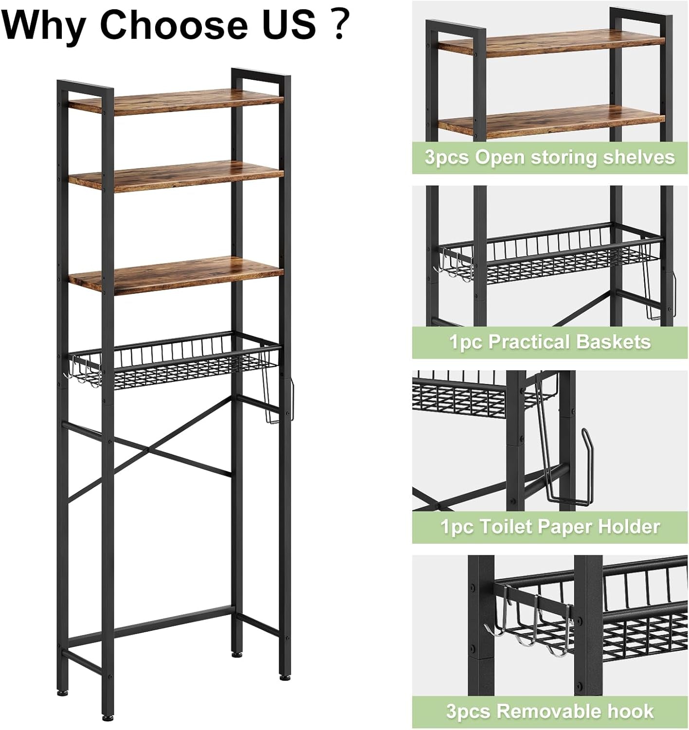 Over-The-Toilet Storage Rack, 4-Tier Bathroom Organizer Shelf over Toilet with Adjustable Shelf and Basket, (Vintage Brown)