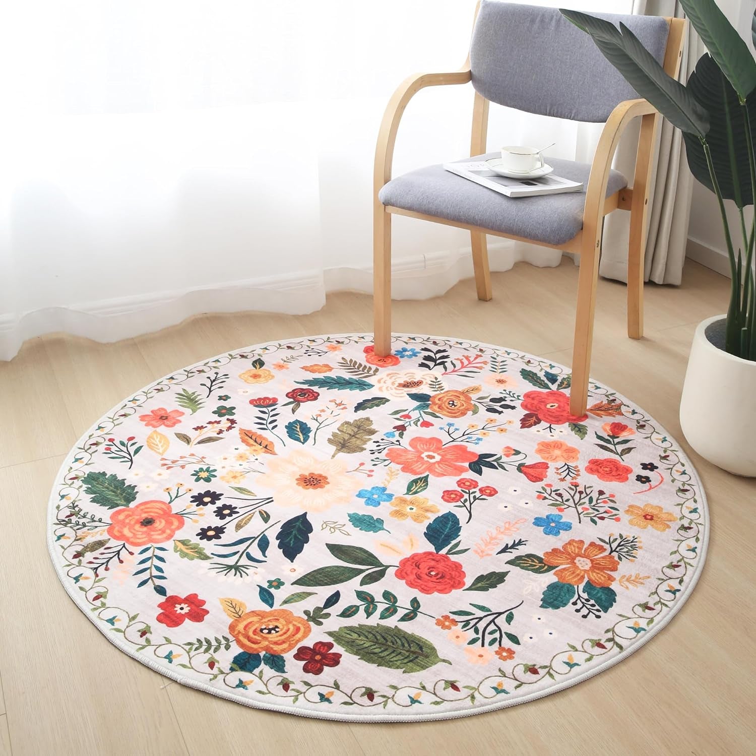Round Rug 6Ft, Washable Circle Rug Non-Slip, Low Pile Boho Floral Small Circular Rug (Beige)