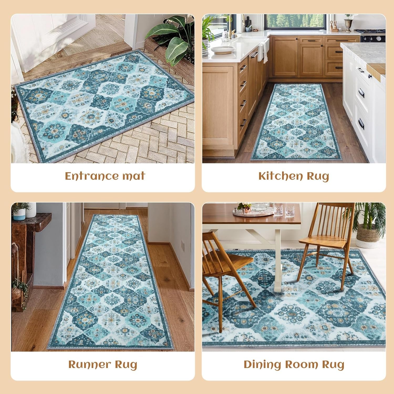 Area Rug, 5X7 Washable Boho Throw Rugs, Moroccan Trellis Bohemian Turquoise Ultra Soft- Teal/Multi