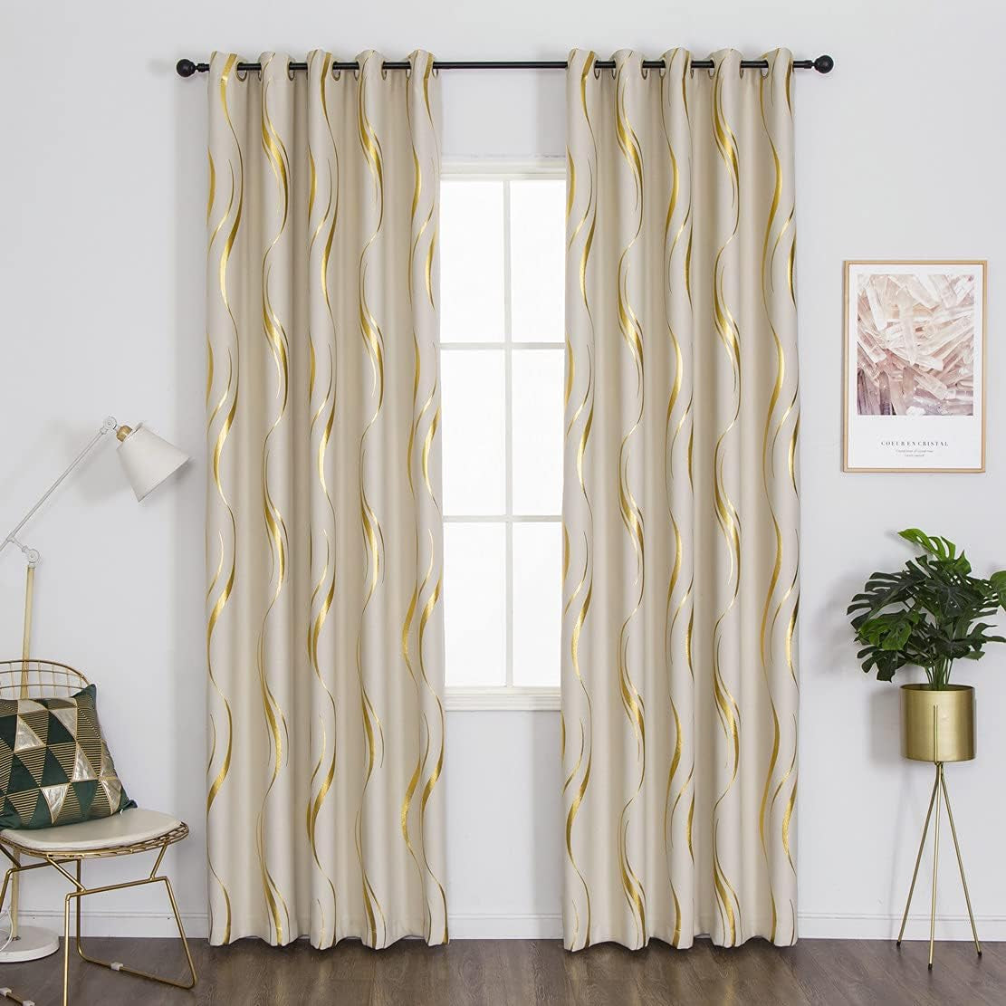 2 Panels Set Foil Print Striped Curtains for Living Room Bedroom (Beige and Gold, 2 X 54Wx84L)