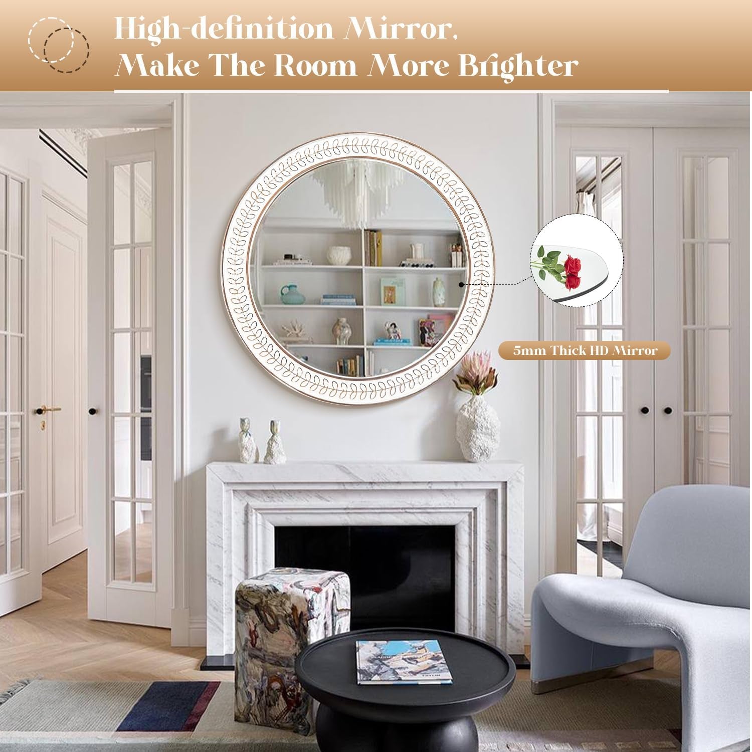 26 Inch round Mirrors for Wall, Wood Circle Mirror with Carved Frame - White
