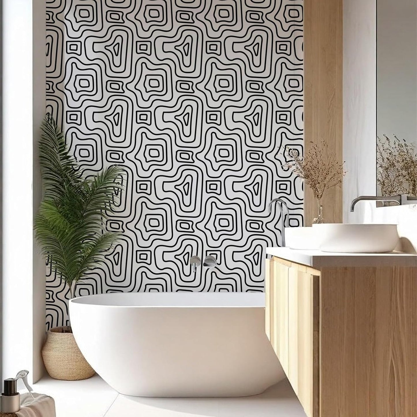 Modern Peel and Stick Wallpaper, Abstract Geometric Contour Line Pattern, 17.7 in X 6.56 Ft