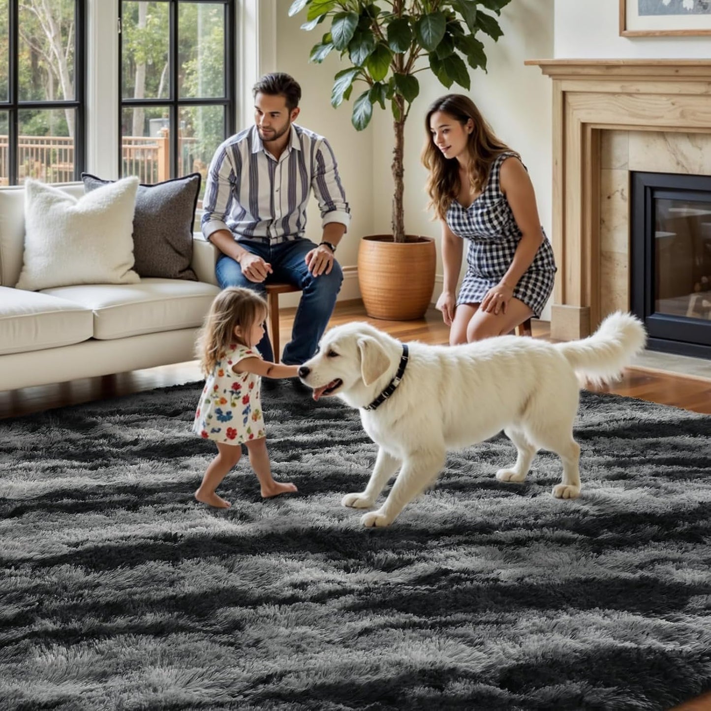 Fluffy Area Rug,4X6 Non-Slip (Tie-Dye Striped Black)