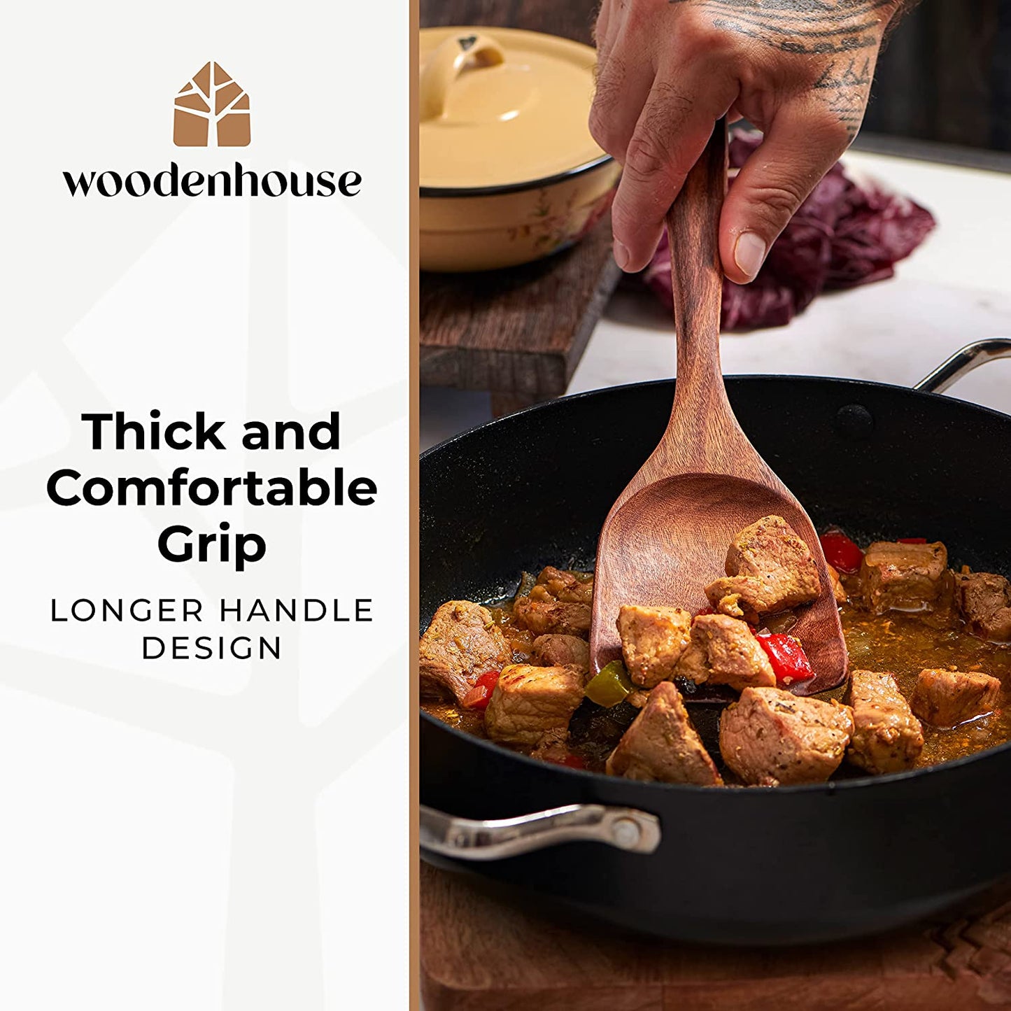 Teak Wooden Utensil Set with Spoon Rest & Hooks, Non-Stick Friendly 8 Pcs