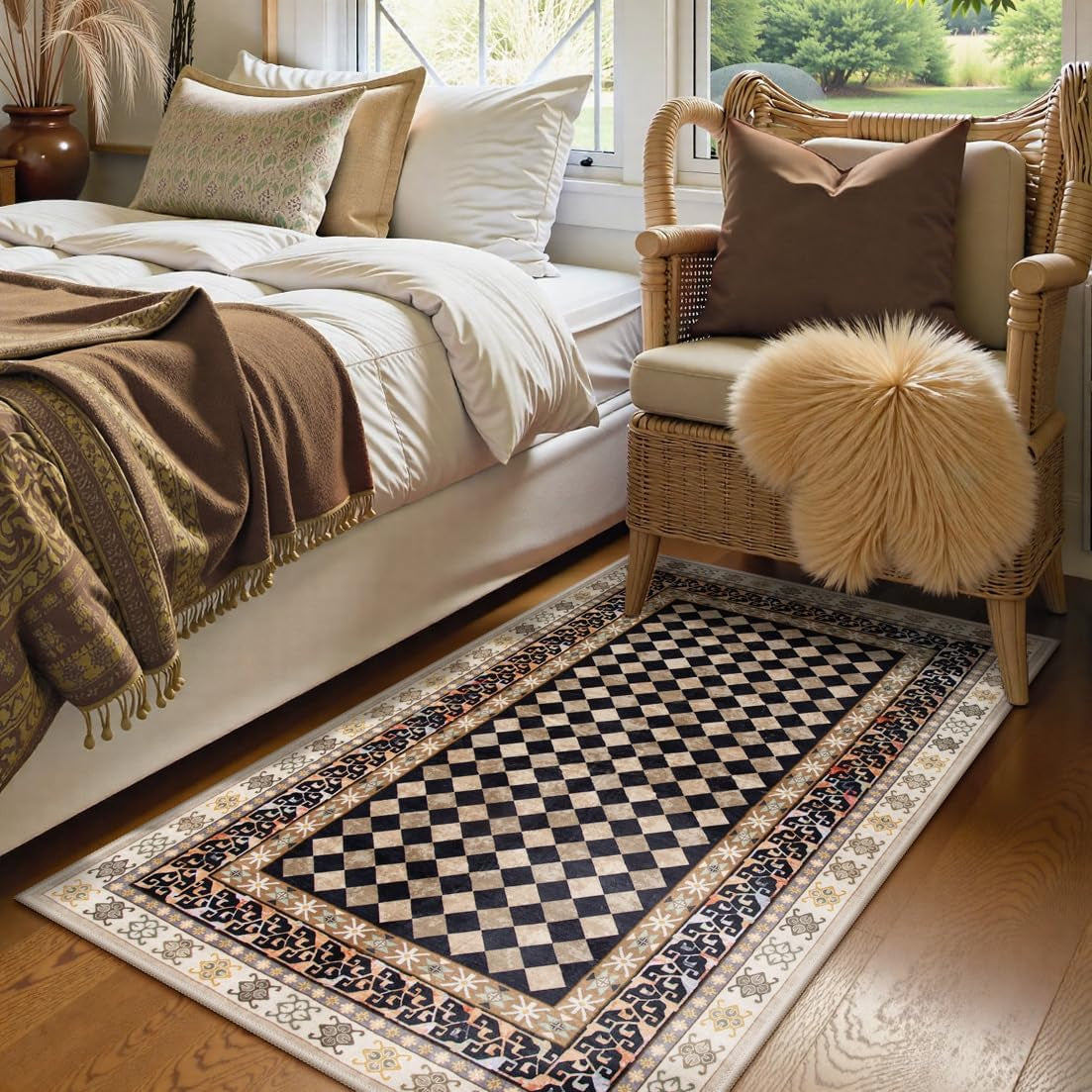 Washable Checkered 5X7 Area Rugs, Non-Slip Black and Brown (5X7)