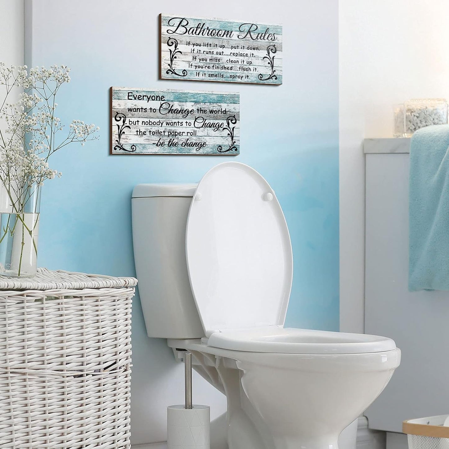 2 Pieces Funny Bathroom Signs Bathroom Wall Decor, Farmhouse Rustic Wooden Signs (Chic Style)