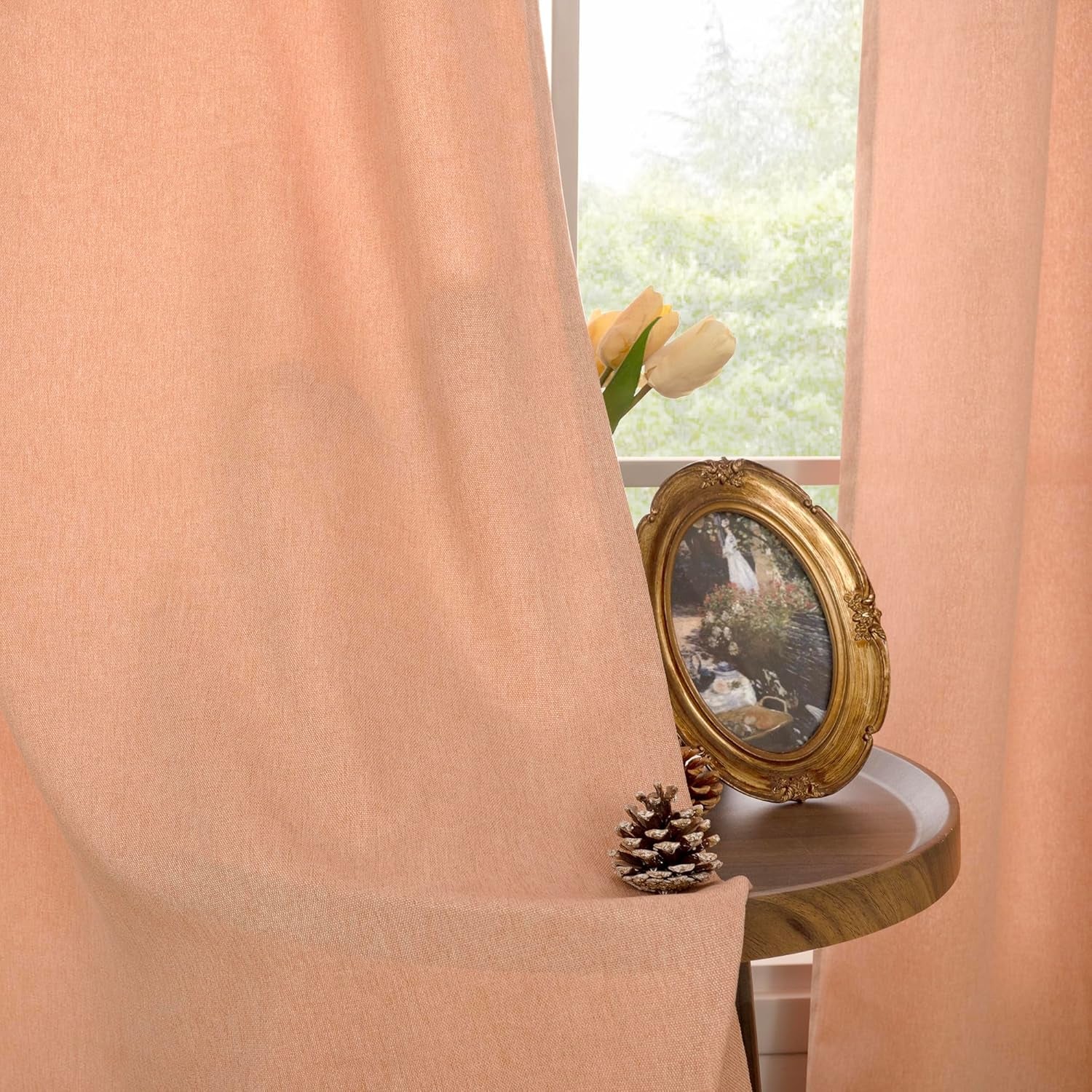 Peach Linen Curtains 84 Inch Length for Living Room Window, Farmhouse Spring Decor Thick Textured, 2 Panels, Each 52 Inch Wide