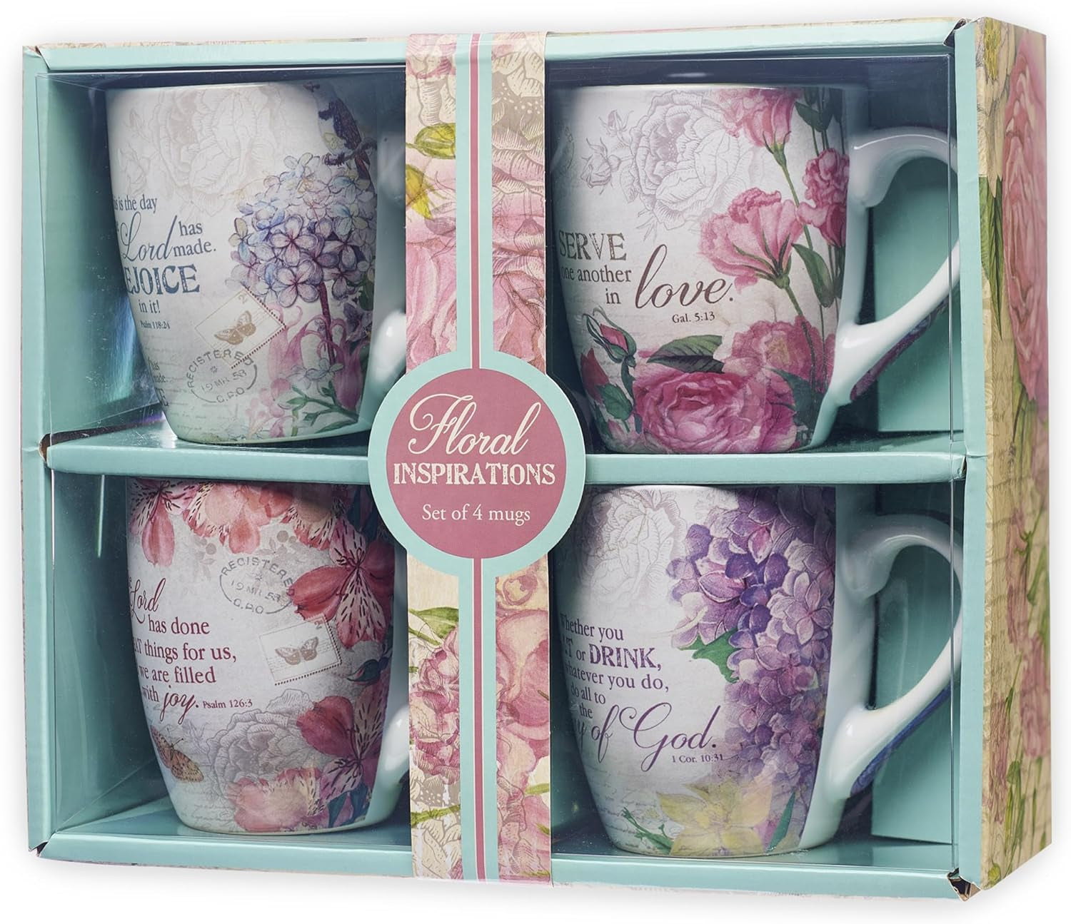 Ceramic Coffee/Tea Mug Set for Women | Vintage Botanic Floral Inspirations Design Bible Verse Mug Set | Boxed Set/4 Coffee Cups