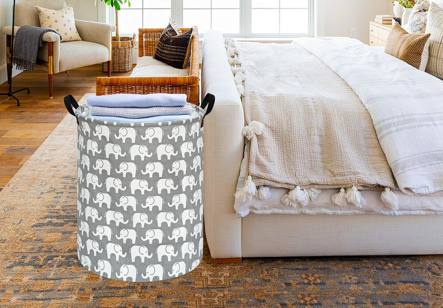 Baby Laundry Basket Kids Elephant Pattern Hamper, Large Storage Decor