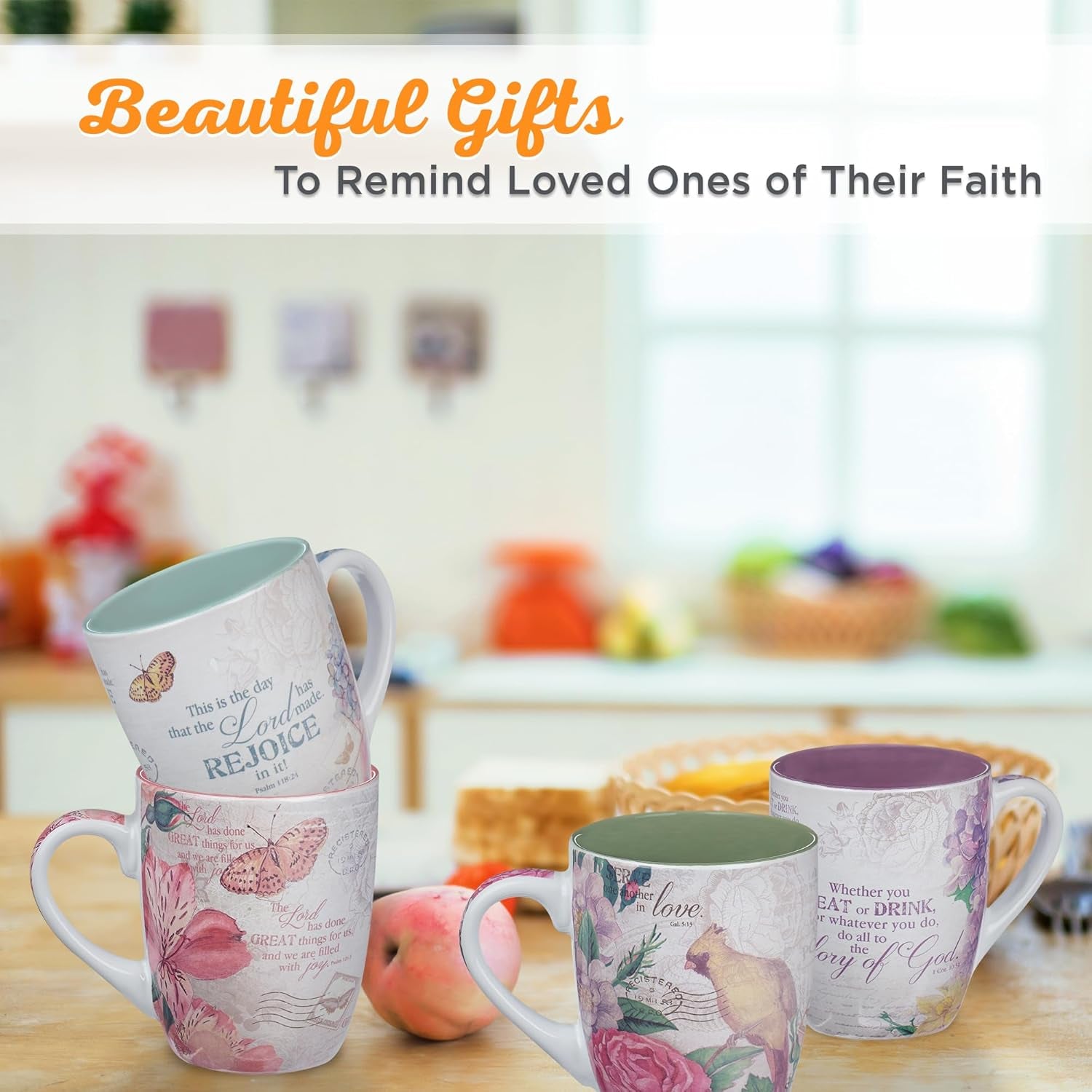 Ceramic Coffee/Tea Mug Set for Women | Vintage Botanic Floral Inspirations Design Bible Verse Mug Set | Boxed Set/4 Coffee Cups