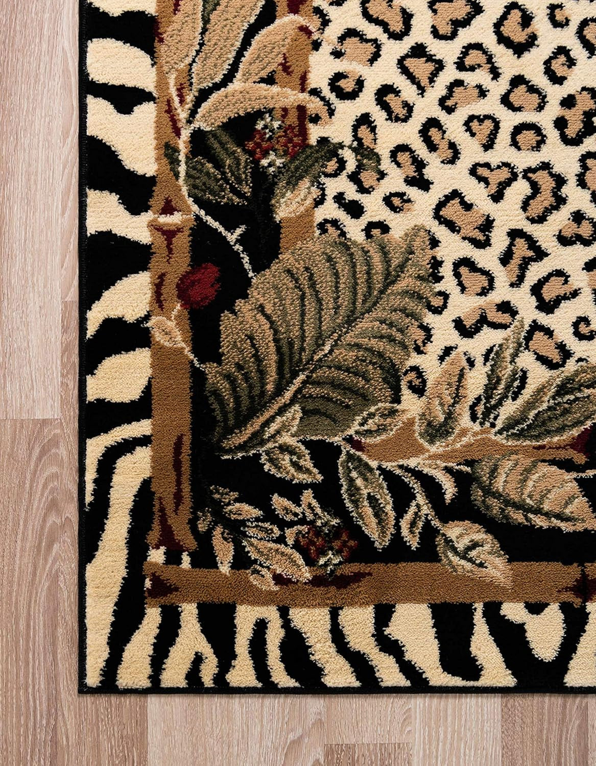 Wildlife Collection Animal Inspired with Cheetah Bordered Design Area Rug, 5 Ft X 8 Ft, Ivory/Black
